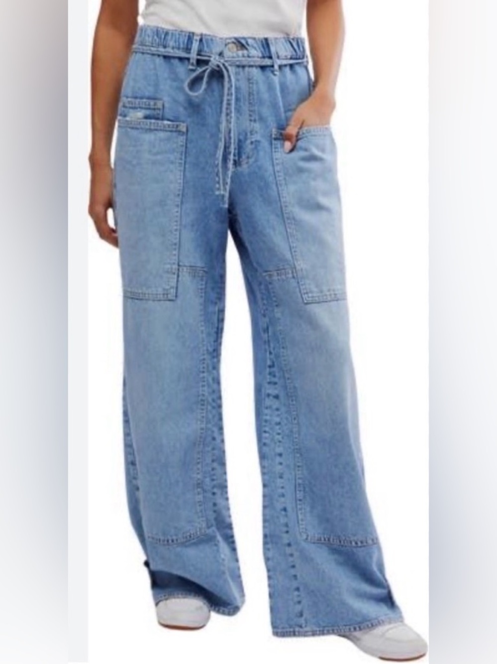 We The Free People CRVY Outlaw Utility Wide Leg Jeans Light Wash Size M